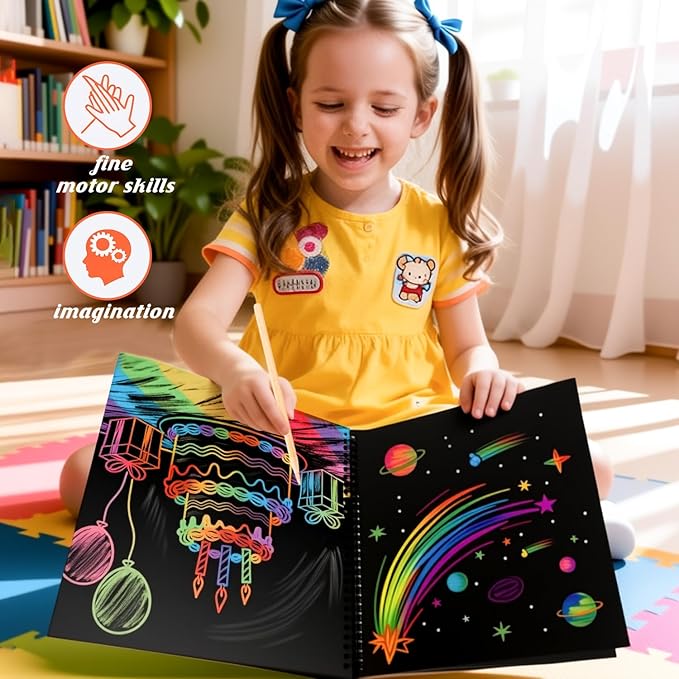 heynsgu 30Pcs Rainbow Scratch Paper Art Notebooks, Black Magic Sketch Book Pads with Stencils for Kids Crafts Artist Drawing Activity Toy Christmas Brithday Gifts Ages 3-12