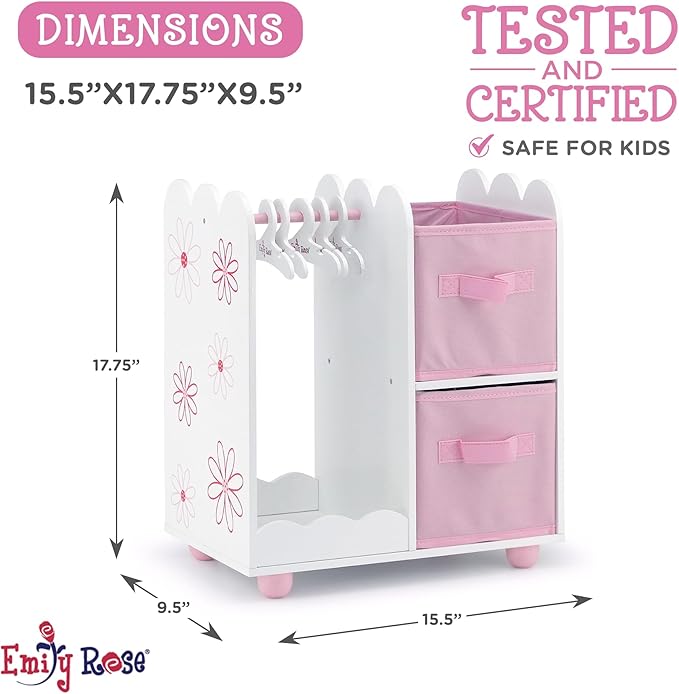Emily Rose 18 Inch Doll Wardrobe Closet Organizer - Open Storage Armoire with Clothes Hangers & Bins - Wooden Furniture for American Girl Dolls - Floral Design