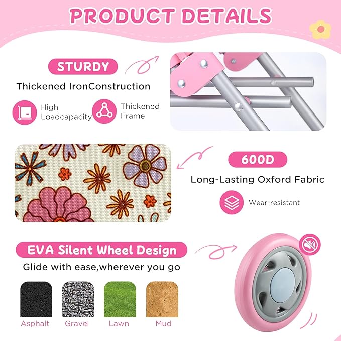 GAGAKU Baby Doll Stroller, Foldable Toy Stroller with Storage Basket and Bag, Diaper, Reborn Doll Accessories for Girls & Kids Ages 3+, Daises Pattern