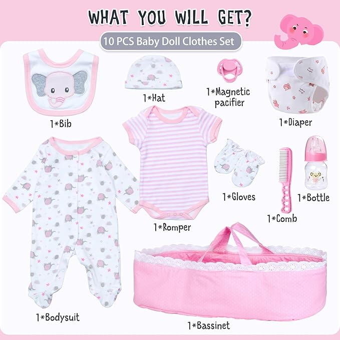 Reborn Baby Doll Clothes with Bassinet and Reusable Diaper Accessories 10-Piece Set fit 17-22 Inch Baby Dolls Girl, Pink Newborn Dolls Girl Outfits Cute Elephant Patterns Design