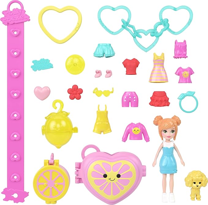 Polly Pocket Dolls & Pets Bracelet Keychain Playset, Fruit Themed Fashion Accessories and Bag Charms, Wearable Compact (Styles May Vary)