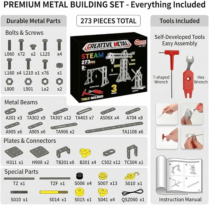 Metal Building Toys, 273pcs 3 in 1 Tower Crane & Frame Crane & Windmill Metal Model Set,Erector Sets for Boys Age 8-12,DIY Building Stem Projects Toys for Kids,Birthday Gifts for Model Crane Fan