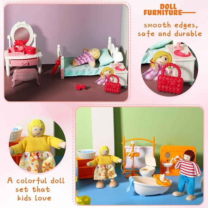 HyDren 83 Pcs Wooden Dollhouse Furniture Set with 8 Flexible Dolls for 5 Rooms Kits Kitchen, Dining, Living Room, Bedroom, Bathroom Dollhouse Accessories and Furniture Toys for Girl Boy Toddlers Gift