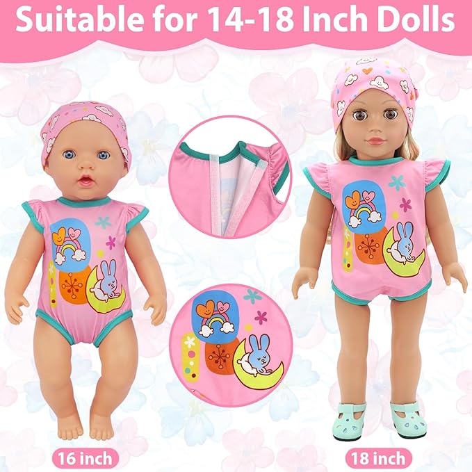 ECORELF 4 Set Doll Clothes, Baby Doll Clothes for 14 -16 Inch, 18 Inch Girl Doll Clothes Outfits and Accessories 7 Pcs Include Jumpsuit, Dresses, Headbands, Hats, Shoes (No Dolls)
