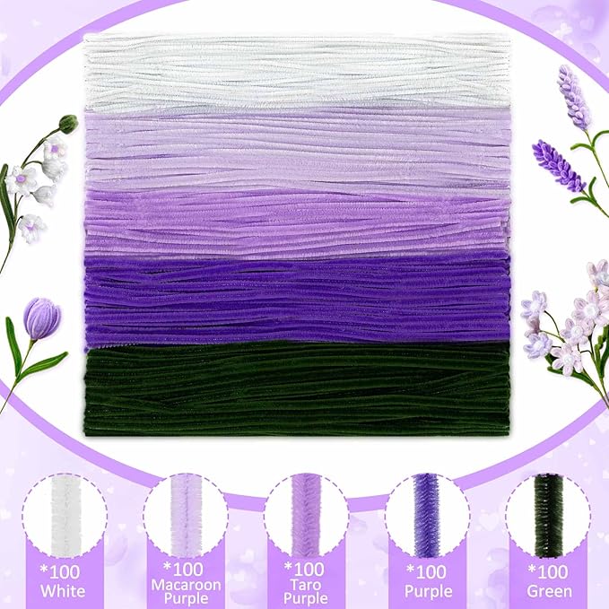 Peryiter 500 Pieces Pipe Cleaners Chenille Stems for Flowers Craft Supplies Bulk Fluffy Fuzzy Sticks for DIY Art Projects Creative Gift Wrapping Party Decorations(Purple Flower Color,12 Inch)