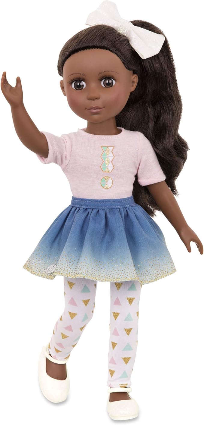 Glitter Girls – 14-Inch Fashion Doll – Long Brown Hair & Brown Eyes – Top & Blue – Ombre Skirt with Gold Glitter – Medium – Dark Skin Tone – 3+ Years– Keltie