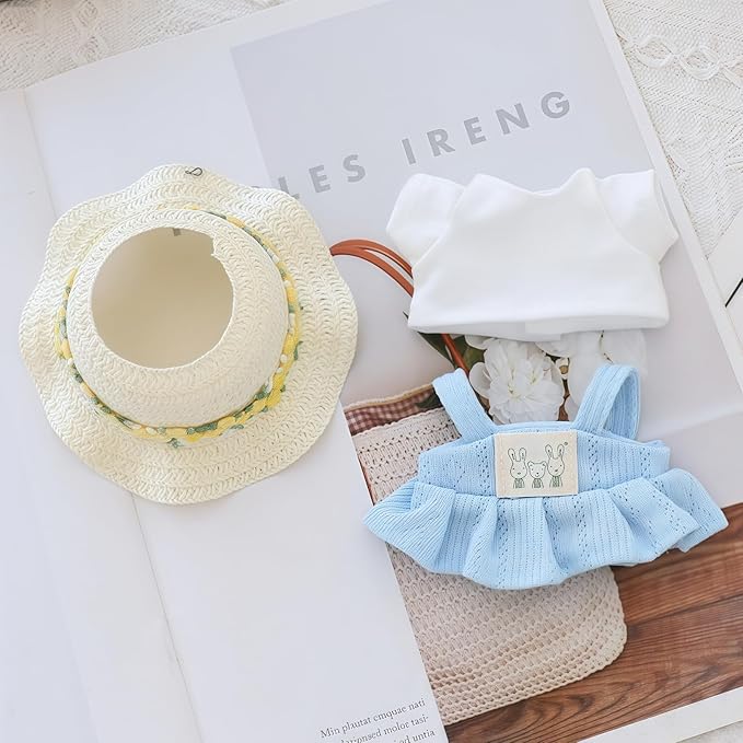 Clothes for Lu bubu 17cm Dolls Accessories (No Doll), Kawaii Hat Skirt Outfit Set 3 Pieces for 17cm Dolls Suit, Stylish Flower Doll Hat Clothing Set Replacement Blue