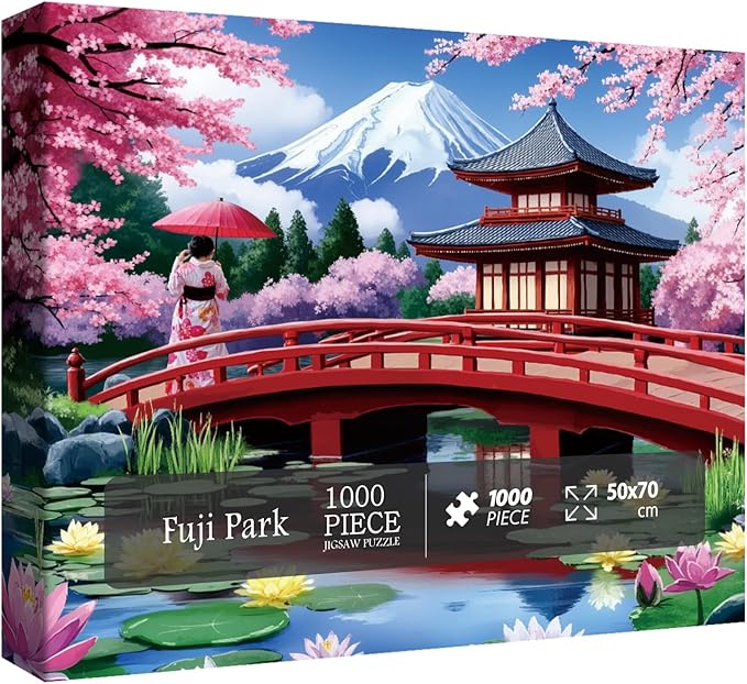 Japan Garden Landscape Puzzle for Adults 1000 Pieces, Flower Floral Mountain Jigsaw Puzzle, Beautiful Cherry Blossom Lotus Asian Japanese Puzzle