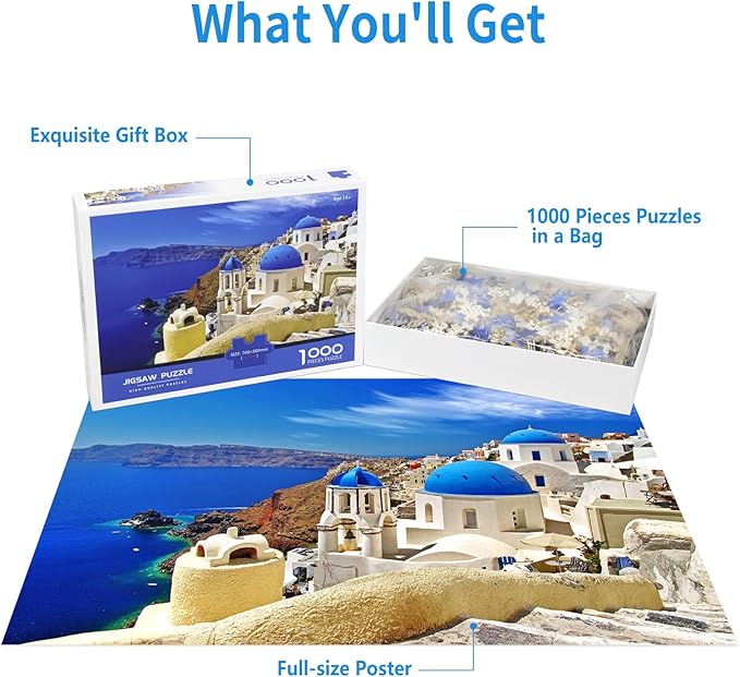 1000 Piece Puzzle for Adults Aegean Sea Puzzles Greece Santorini Landscape Puzzle Reduced Pressure Toy Gift Natural Scene Puzzles 1000 Pieces Jigsaw Puzzle 1000 Pieces for Teens Seniors
