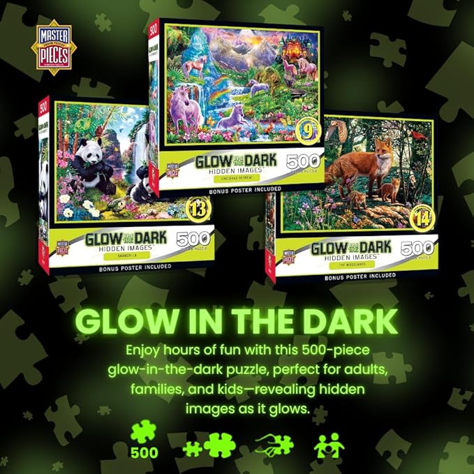 MasterPieces - 500 Piece Jigsaw Puzzle, Glows in The Dark, Hidden Images, Dinosaur Valley, Fun for Adults, Family, Kids, 15" x 21"