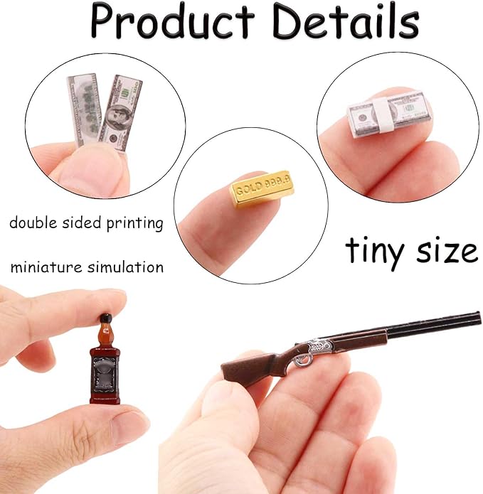 1 Set 1:12 Scale Miniature Doll Accessories Tiny Money Bills Playing Card Ornament Mini Rifle Mini Gold Bars Model for Doll House,Action Figure Scenc Props,DIY Craft Projects (1 12 A)