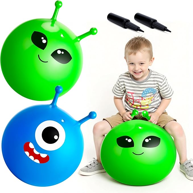 ZOOJOY Hopper Ball 2 Pack, 18In Bouncy Ball with Handle, Alien & Monste Horn Hop Balls Girls Boys Toys for for Sport/School/Team, Inflatable Kids Gifts for 3 4 5 6 7 8 Yr Old for Indoor Outdoor Game