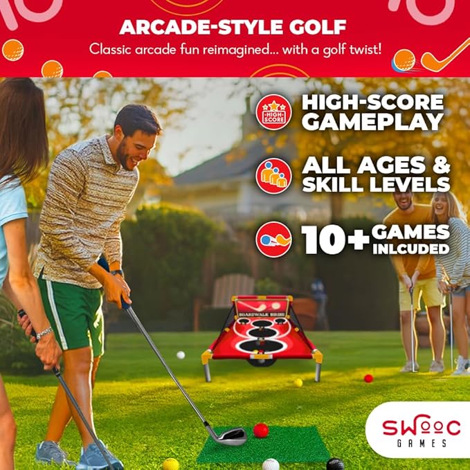 SWOOC Games - Boardwalk Birdie™ | Arcade Style Golf Game with Easy Setup & 10+ Games Included | Cornhole Golf Chipping Game | Indoor & Outdoor Activities for Adults and Family | Backyard Fun