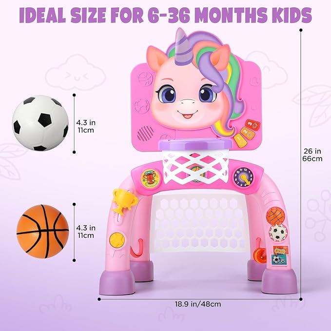 Liberry Toddler Basketball Hoop & Soccer Goal for 1 2 3 Year Old Girls Boys, Kids Sports Toy with Lights Sounds Music, Interactive Christmas Birthday Gift for Baby, Pink