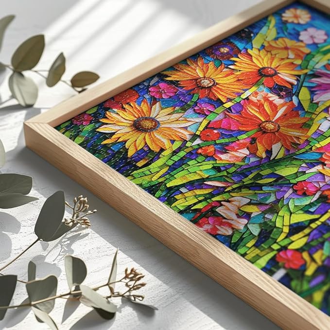 Bgraamiens-Mosaic Art Flowers-1000 Pieces Puzzle for Adults, Stained Glass Jigsaw with Flowers, Impossible Puzzle Color Challenge Hard Puzzles for Adults