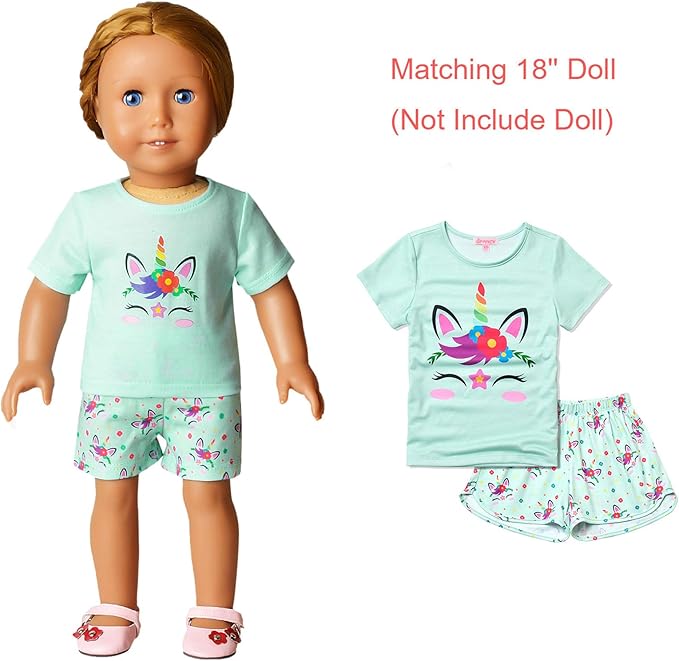 QPANCY Matching Girls & Dolls Pajamas Unicorn Pj Sets Summer Cotton Sleepwear