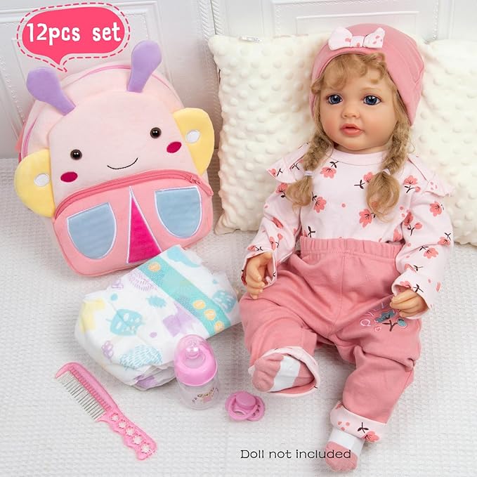 Reborn Baby Dolls Clothes Girl Outfit Accessories Pink Flower 12 Pcs for 17-22 Inches Reborn Dolls Newborn Girl with Butterfly Backpack