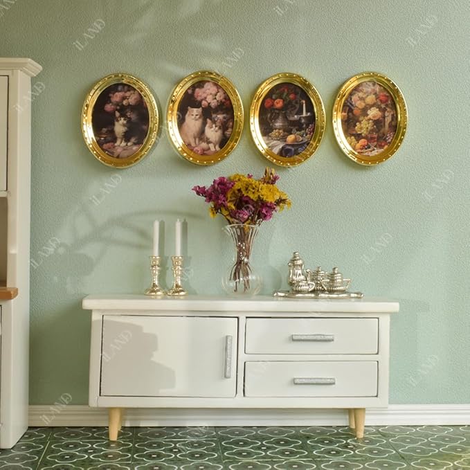 iLAND Miniature Dollhouse Accessories, 4 Dollhouse Picture Frames Set w/Printed Paintings (4 Golden Oval Frames w/ 4 Pictures)