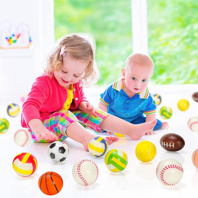 HyDren 96 Pcs Sports Stress Balls Mini Foam Sport Ball Squeeze Toy Include Storage Bag Basketball Football Baseball Soccer Tennis Volleyball for Stress Relief, Relaxation Party Favor for Boys Girls