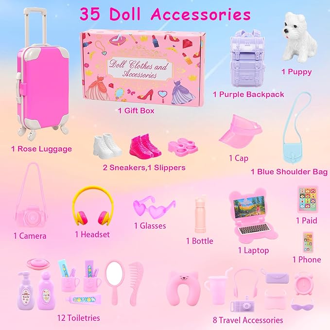 40 PCS Doll Travel Accessories Playset Includes Travel Luggage Suitcase 5 Clothes 1 Backpack 3 Pairs of Shoes & 32 Accessories Headset Puppy Toiletories,etc Travel Toy Set for 11.5 Inch Girl Dolls