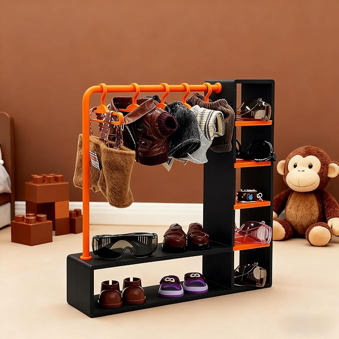 Doll Clothes Closet with 10 Hangers, Black & Orange Color Block Doll Accessories Display Wardrobe, Compatible with Fasion Doll Clothes,Portable Storage for Figures,Gift