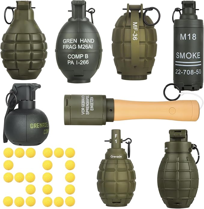 Tactical Toy-Grenade for CS Battle Game,8Pcs Fall Resistant Refillable Fun Impact,Hand Fake Grenade Toy with 100 Foam Ammo for 14+ Outdoor Sport