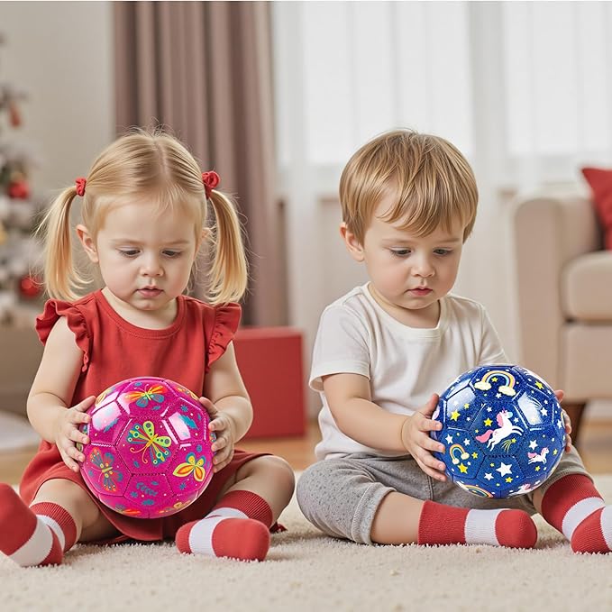 ZOOJOY Soccer Ball Size 2, 2 Pack Cartoon Ball with Pump Mesh Bag, Butterfly & Unicorn Toddler Girl Toys for 1 2 3 4 5 6 Years Old, Perfect Sensory Toys for Girls Boys Indoor Outdoor Play Balls Gifts