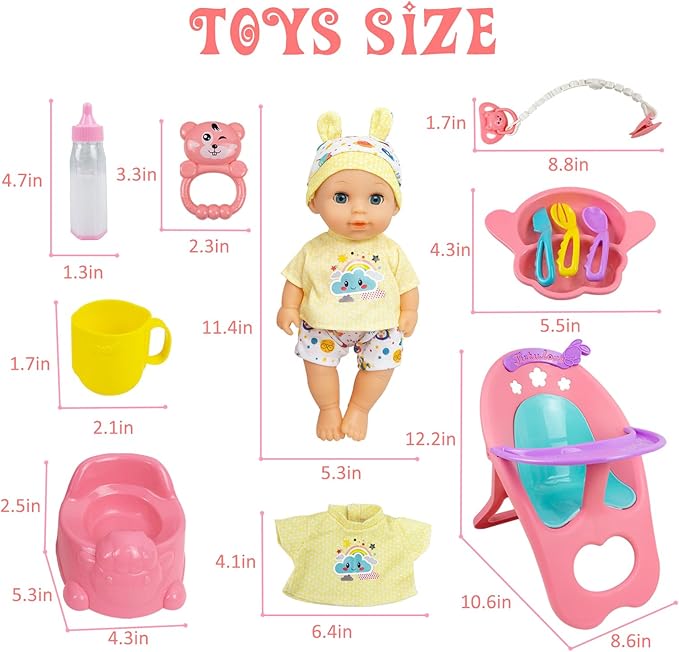 RedCrab Baby Doll Toys Set, Newborn Dolls PlaySet with High Chair Stroller Feeding ,Tableware Set and Doll Clothes Accessories, 15+ pcs Toddler Pretend Play Gift Toys for Girls - 12" Dolls