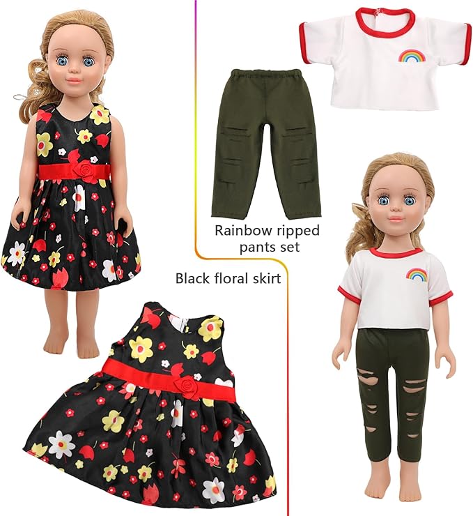 MSYO 10 Sets (16 Pcs) Doll Clothes for 17-18 Inch Dolls, Frog Print/Angel Tee/Floral Dress Variety, Cute Outfits for Play & Gifting