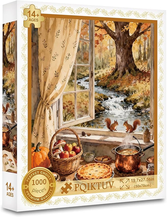 1000 Piece Puzzle for Adults Autumn Window View Jigsaw Puzzles Nature Landscape Puzzles Family Wall Decor Impossible Puzzle Fun Gift for Women Men (27.56x19.7 Inch)