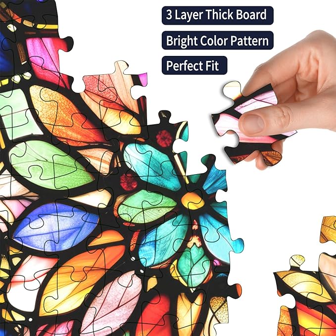 Impossible Jigsaw Puzzles for Adults 1000 Pieces-Stained Glass Puzzles Floral Hard Challenging Puzzles with Letter on Back, Difficult Jigsaw Puzzle 1000 Pieces Puzzle for Adults with 1:1 Poster