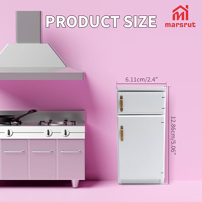 1/12 Scale Dollhouse Refrigerator Miniature Fridge Kitchen Furniture Wooden Doll House Mini Accessories Living Room Dining Decoration Modern Playhouse Decor Prop Model, White (2.4x2.1 x5.2inch)