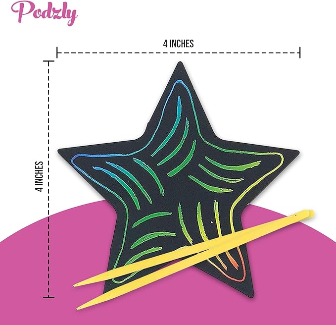 Podzly 50 Pcs Scratch Art Star Craft Kit - Magic Rainbow Color Scratch Art for Kids - DIY Star Ornament for Christmas & Easter - Art Supplies Kit for Classroom Activities,Daycares, Party Games & More