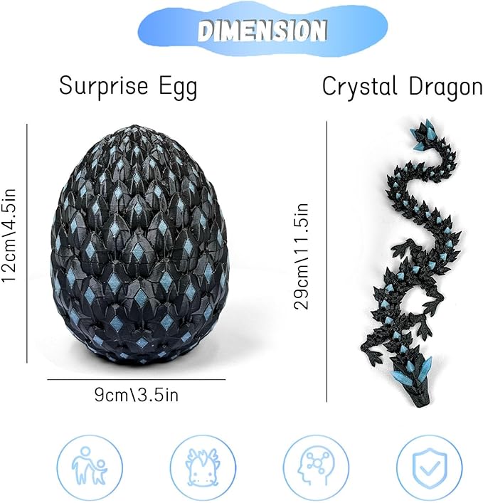 3D Printed Dragon Egg,Dragon Eggs Glow in with Dragon Inside Dark Articulated Animals Fidget Toy,Home Office Decor Executive Desk Toys for Autism/ADHD (Luminous Blue)