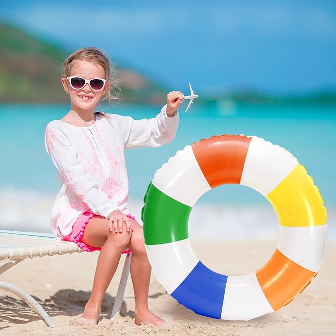 Whaline 4Pcs Inflatable Swimming Float Toy Striped Swim Ring Fun Print Pool Lounger Tube for Summer Swimming Beach Party