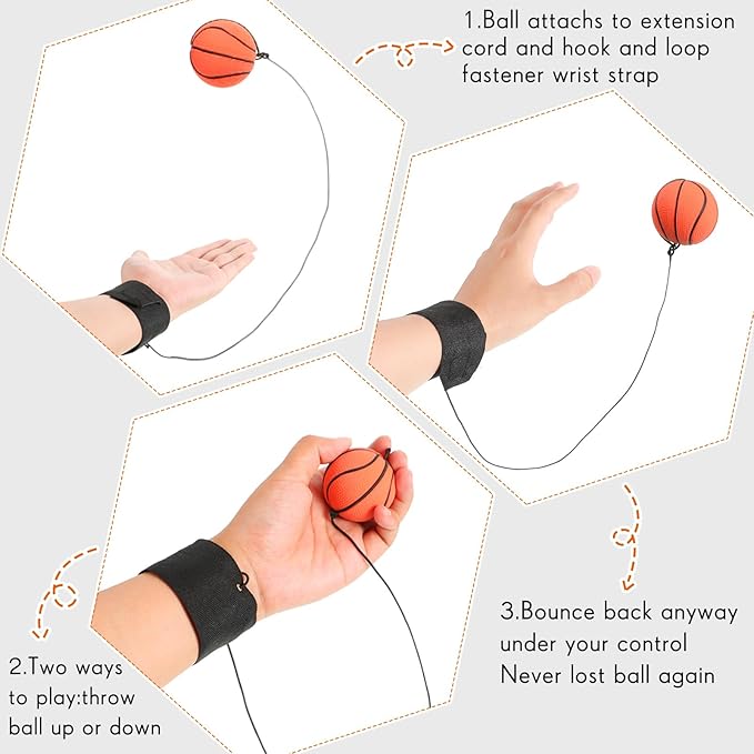 Skylety 6 Pcs Wrist Return Ball on a String 2.48 Inch Rebound Sport Balls with Elastic Strap Soccer Basketball Baseball Practice Party Favors Wrist Exercise and Fun Play for Kids Adults