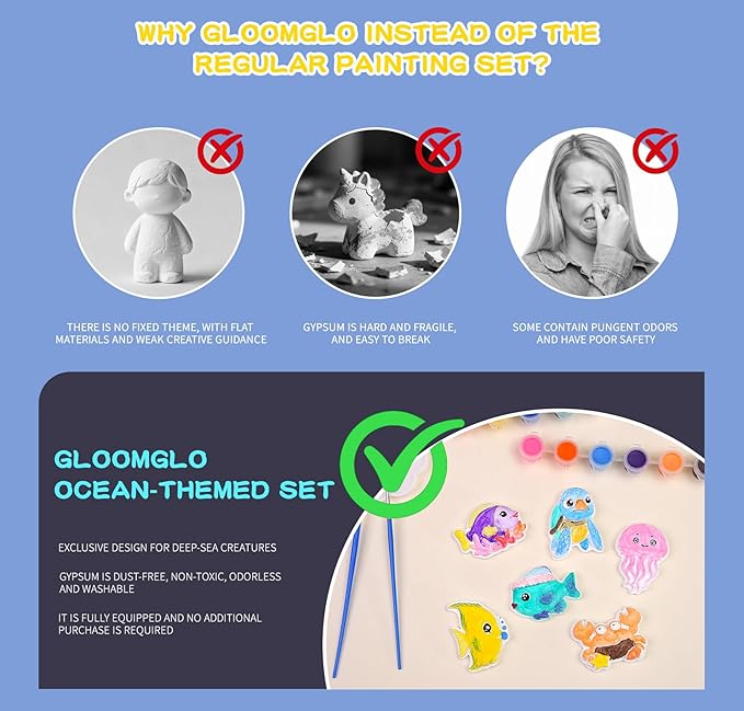 GloomGlo Kids Ocean Theme Paint Set - 24 Sea Creatures Plaster Painting Kit with Paint Colors, Brushes & Palettes | Kids Arts Crafts Supplies
