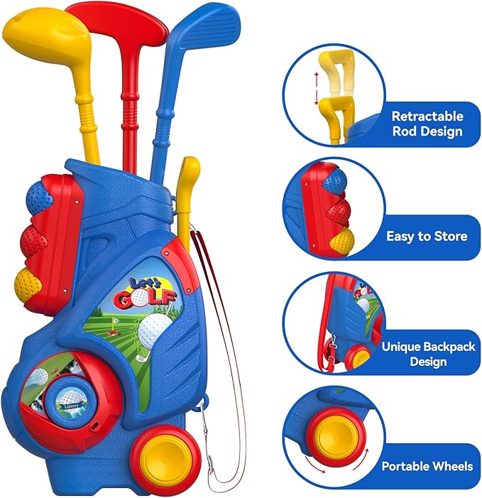Liberry Toddler Golf Set for 2 3 4 5 Years Old Boys Girls, Upgraded Kids Golf Cart with Golf Cornhole Board & Putting Mat, Indoor and Outdoor Golf Toys Birthday Gifts