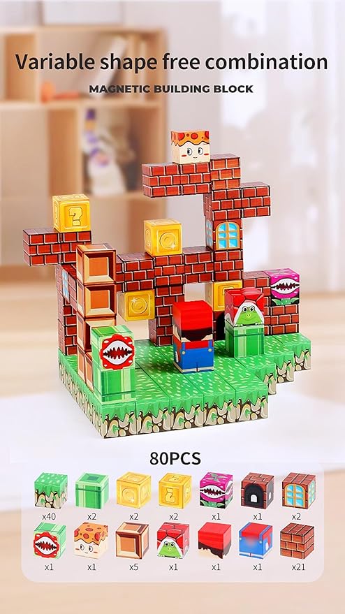 Magnetic Blocks - 80Pcs Building Cubes Adventure Game Set, Building Blocks STEM Sensory Creative Toys Games for Kids Boys & Girls