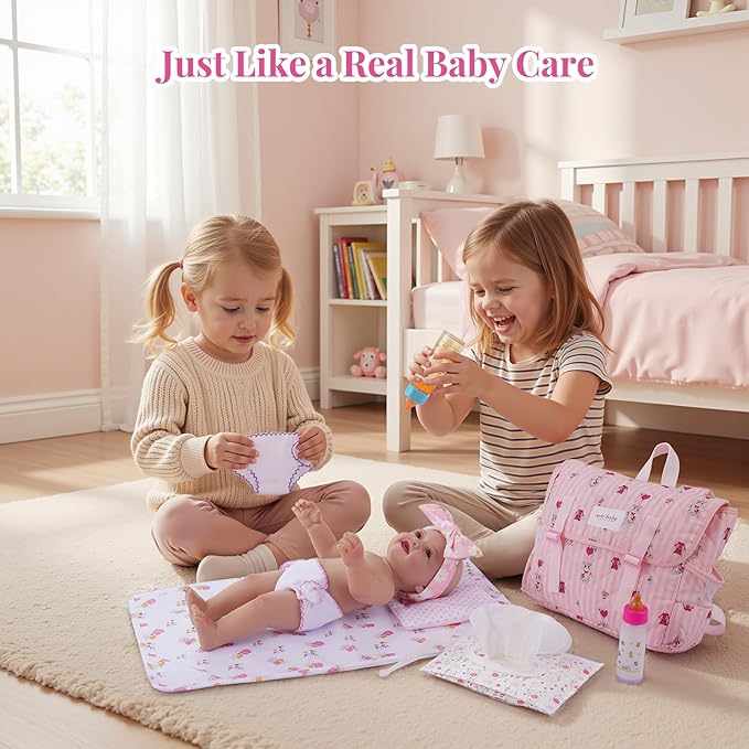 BABESIDE 14 Pcs Baby Doll Accessories Set for 12-15 Inch Babydolls - Baby Doll Diaper Bag Set with Dolls Bedding, Changing Pad & Babydoll Feeding Accessories for Kids Pretend Play Toys