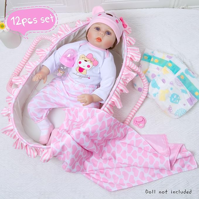 PEDOLLTREE Reborn Baby Dolls Clothes Girl Outfit Accessories Pink Little Bear 12 Pcs for 17-22 Inch Reborn Doll Newborn with Pink Heart Bassinet