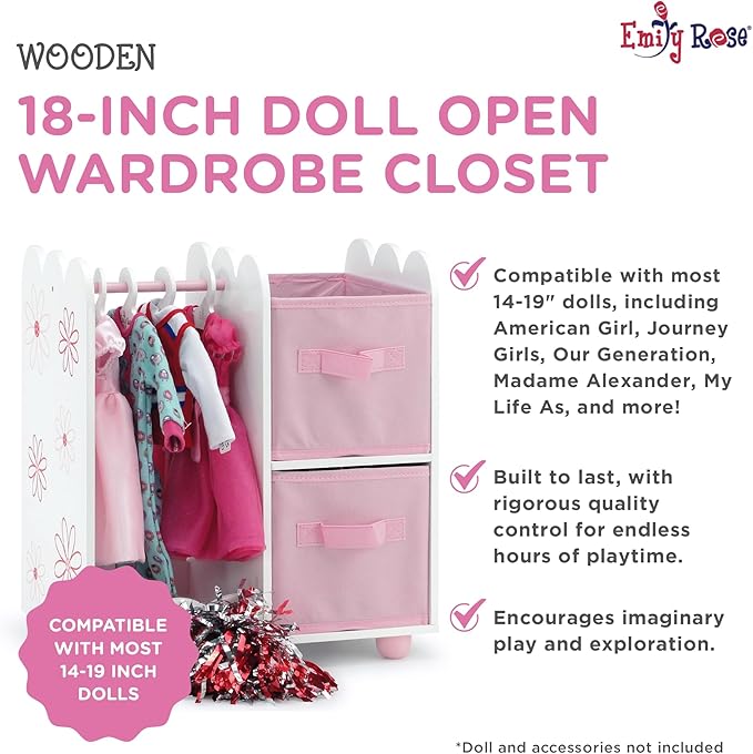 Emily Rose 18 Inch Doll Wardrobe Closet Organizer - Open Storage Armoire with Clothes Hangers & Bins - Wooden Furniture for American Girl Dolls - Floral Design