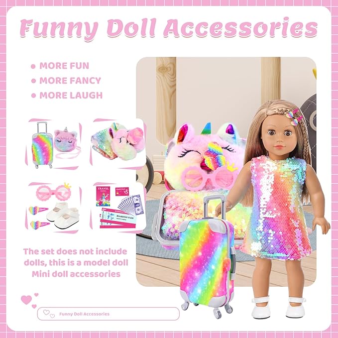K.T. Fancy 23 Pcs American 18 Inch Doll Clothes & Accessories, Cute Doll Suitcase Set with Sequined Dress, Sunglasses, Unicorn Bag, Shoes