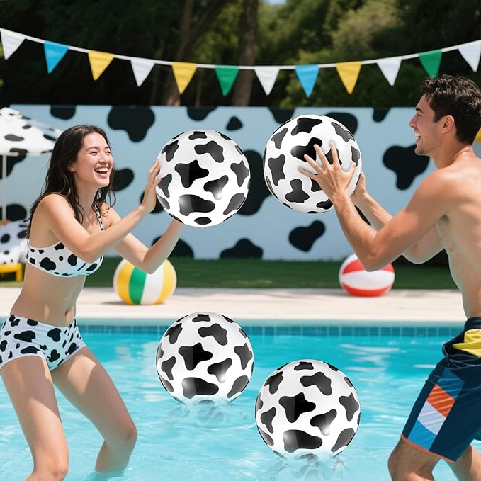 12 Pieces Inflatable Beach Ball Set - 10 Inch Cow Print Beach Balls for Theme Party Supplies Summer Pool Decor Cowgirl Cowboy Farm Animal Birthday Fun Party Favors