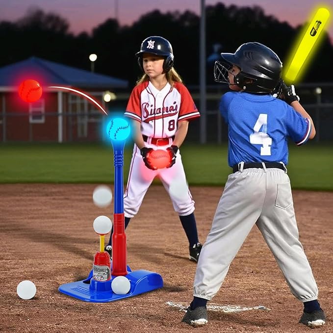 2 in 1 Glow In The Dark T Ball Sets for Kids 3-5 5-8,Light up Tee Ball Set with Automatic Pitching Machine/Adjustable Glow Batting Bat & Stand/6 Balls /2 Glow Balls, Baseball Toys for Toddlers Boys