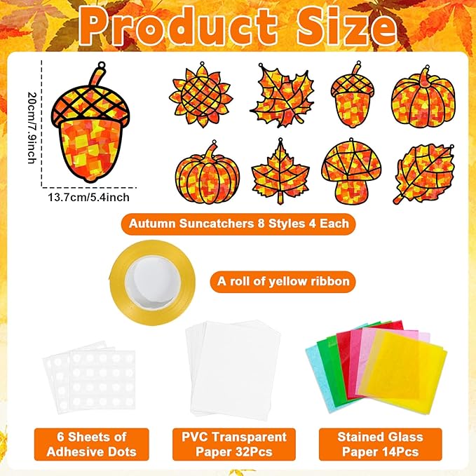 32 Sets Fall Thanksgiving Suncatchers Craft Kit DIY Window Stained Glass Effect Autumn Harvest Paper Crafts Home School Classroom Decoration Kid Birthday Gift Creative Art Project Activity Game