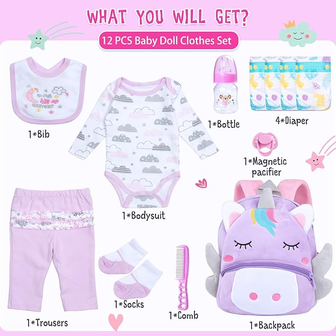 12 Pcs Reborn Baby Doll Clothes Girl Outfit Accessories with Backpack for 17-22 Inch Reborn Doll Newborn Baby Clothes with Backpack