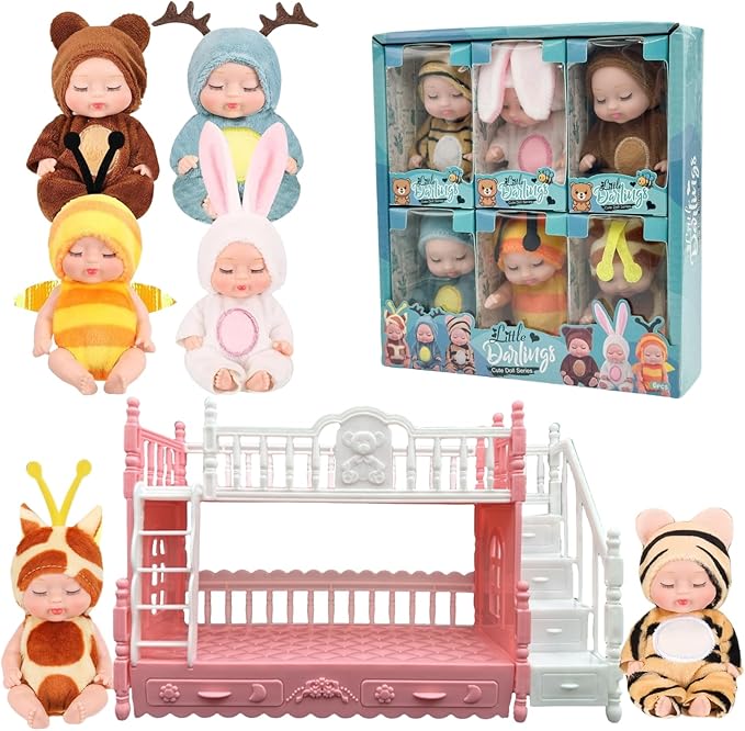 SwankyStyle 6 Pcs Adorable Mini Baby Dolls with Cute Animal Outfits & bunk Bed , Realistic Mini Babies & Dolls for Endless Fun(Style C)