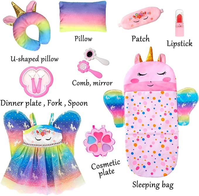 iBayda Doll Clothes Accessories Set Include Dress Pillow Sleeping Bag Toys Play Set for 10 -12 Inch Dolls, 14 to 14.5 Inch Dolls (No Doll)