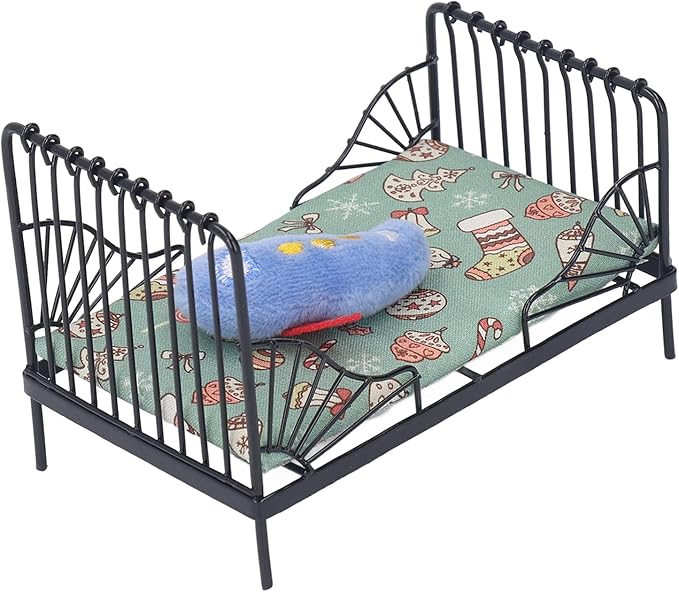 Fydun 1:12 Doll House Bed, 1 12 Children Metal Miniature Bedroom Bed,1 Scale European Furniture Accessory Black Frame with Mattress Pillow for Decor Type B (Type B)